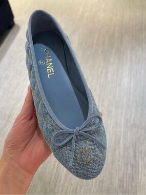 CHANEL Powder Blue Quilted Denim Ballet Flat with Bow